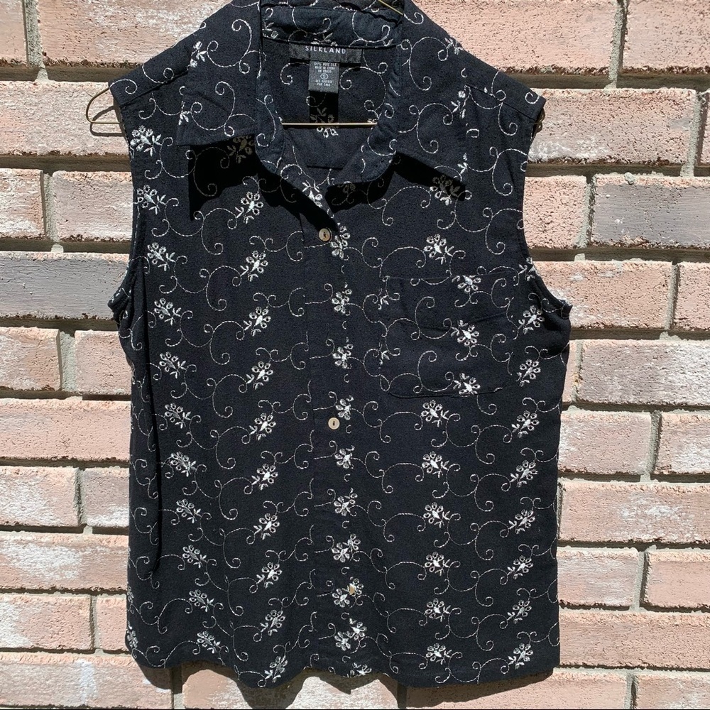 SILKLAND 100% silk embroidered floral eyelet sleeveless top spring summer